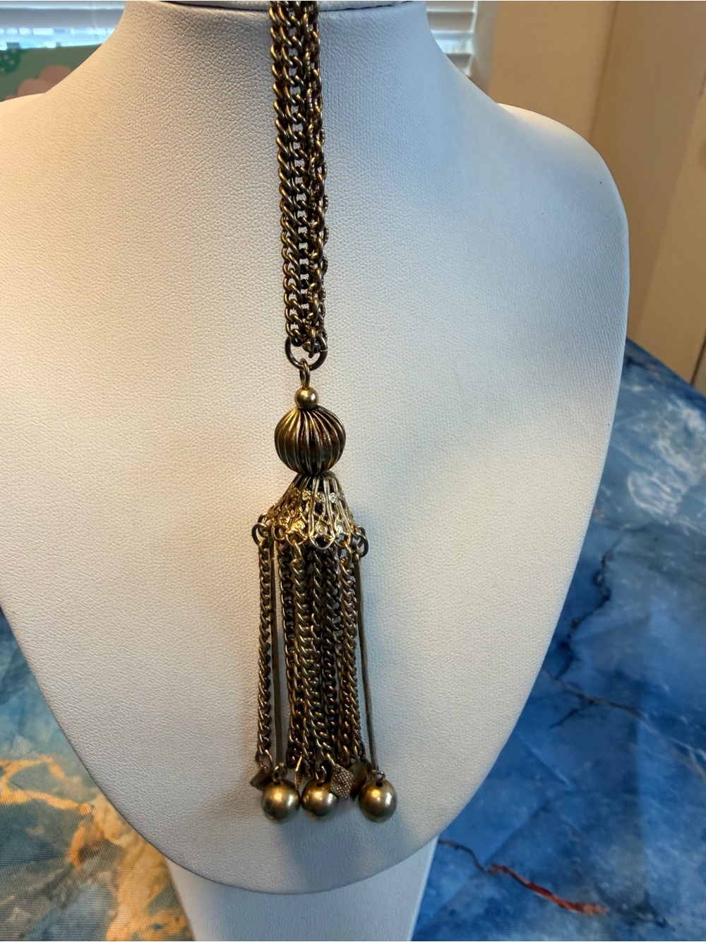 Gold tone tassels double strand necklace vintage